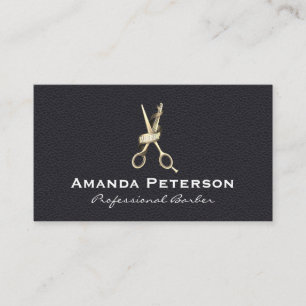 Vintage Barber Scissors and Ribbon   Black Leather Business Card