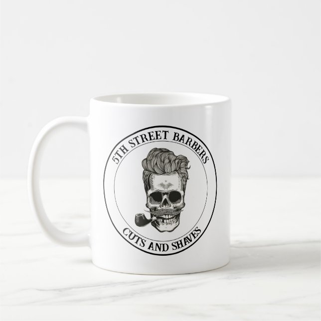 Vintage Barber Skull Logo Customizable Coffee Mug (Left)