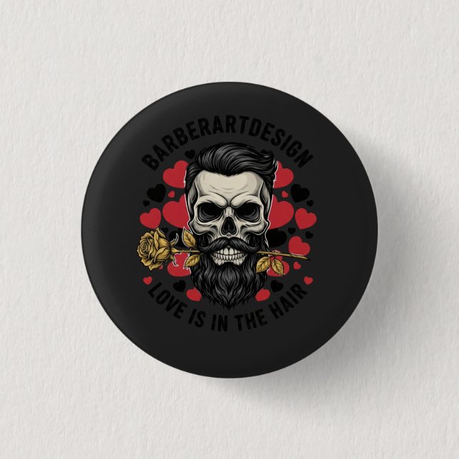 Vintage Barber Skull & Rose Valentine Love Button  (Front)