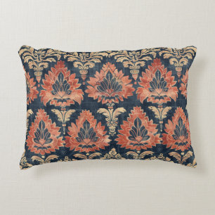 Vintage Barkcloth Textile on Blue Background Accent Pillow
