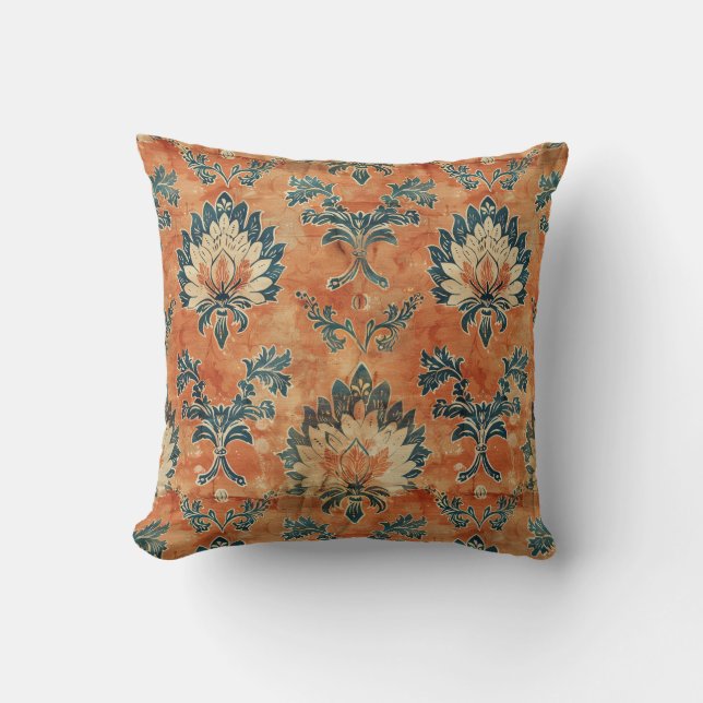 Vintage Barkcloth with Terracotta Background Throw Pillow (Front)