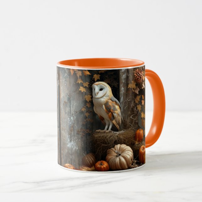 Vintage Barn Owl and Barn Wood Autumn Mug (Front Right)
