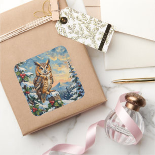 Vintage Barn Owl on Frosty Fence Christmas Square Sticker