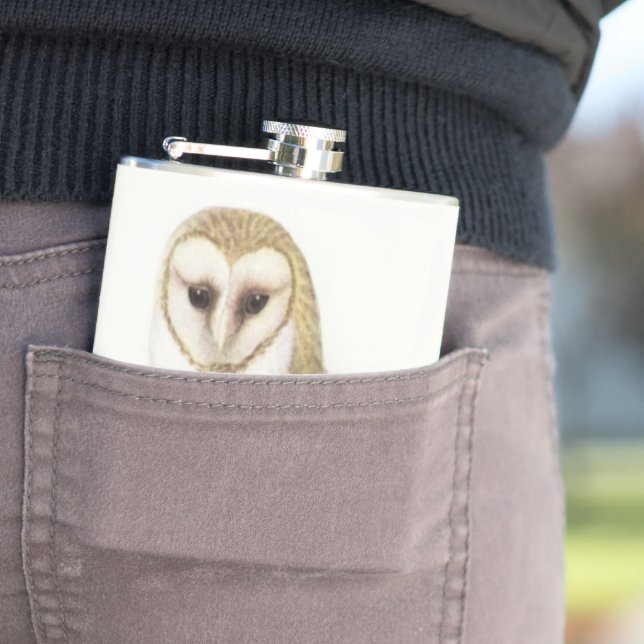 Vintage Barn Owl Painting Hip Flask (In Situ)