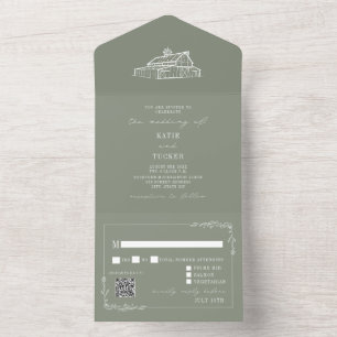 Vintage Barn Sage Green QR RSVP Farm Wedding All In One Invitation