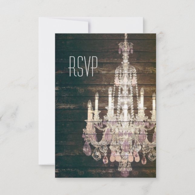 Vintage Barn Wood Chandelier Wedding RSVP response (Front)