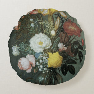 Vintage Baroque, Bouquet of Flowers in Glass Vase Round Pillow