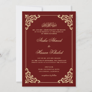 Vintage Baroque Burgundy Red Script Muslim Wedding Invitation