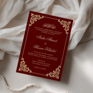 Vintage Baroque Burgundy Red Script Muslim Wedding Invitation