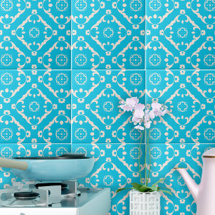 Vintage Baroque Cyan Blue and White Pattern Tile
