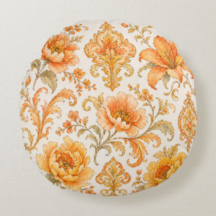 Vintage Baroque Floral Pattern – Warm Orange /Gold Round Pillow