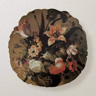 Vintage Baroque, Floral Still Life Flowers in Vase Round Pillow