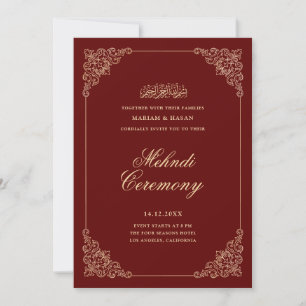 Vintage Baroque Frame Burgundy Red Mehndi Ceremony Invitation