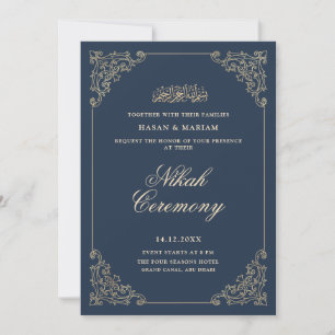 Vintage Baroque Frame Navy Blue Nikah Ceremony Invitation