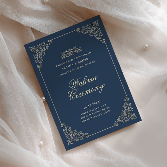 Vintage Baroque Frame Navy Blue Walima Ceremony Invitation (Creator Uploaded)