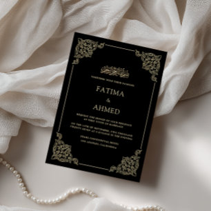 Vintage Baroque Gold Frame Black Muslim Wedding Invitation