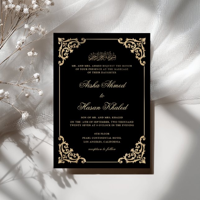 Vintage Baroque Gold Script Black Muslim Wedding Invitation (Creator Uploaded)