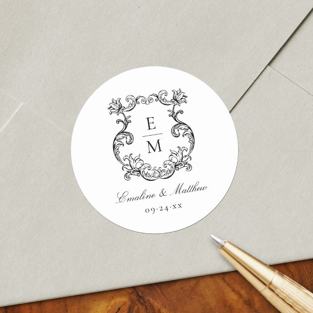 Vintage Baroque Monogram Crest Wedding Classic Round Sticker (Creator Uploaded)
