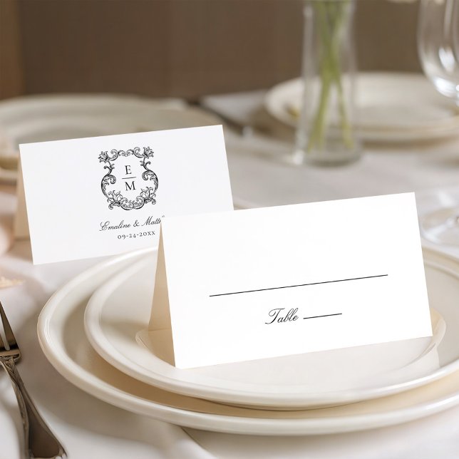 Vintage Baroque Monogram Crest Wedding Place Card (Creator Uploaded)