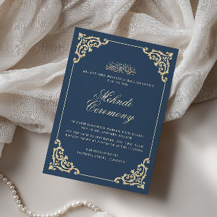 Vintage Baroque Navy Blue Henna Mehndi Ceremony Invitation