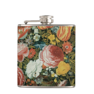 Vintage Baroque Still Life Flowers in a Vase Hip Flask