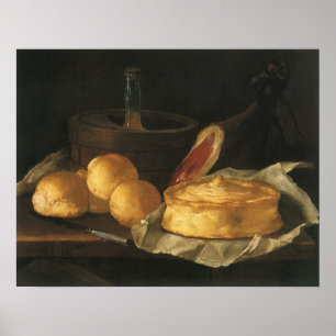Vintage Baroque Still Life with Bread, Tart, Ham Poster