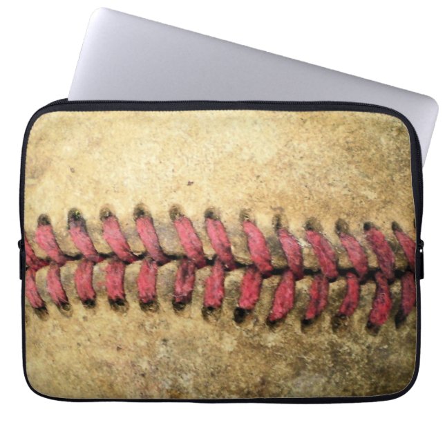 Vintage Baseball Art - Aged Leather & Red Stitch Laptop Sleeve (Front)