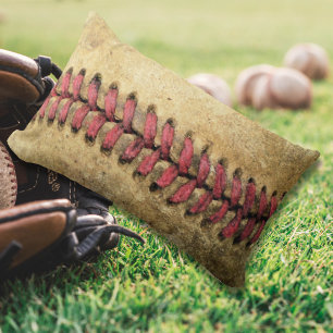 Vintage Baseball Art - Aged Leather & Red Stitch Lumbar Pillow