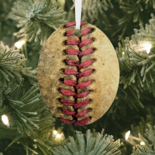 Vintage Baseball Art - Aged Leather & Red Stitch Metal Ornament