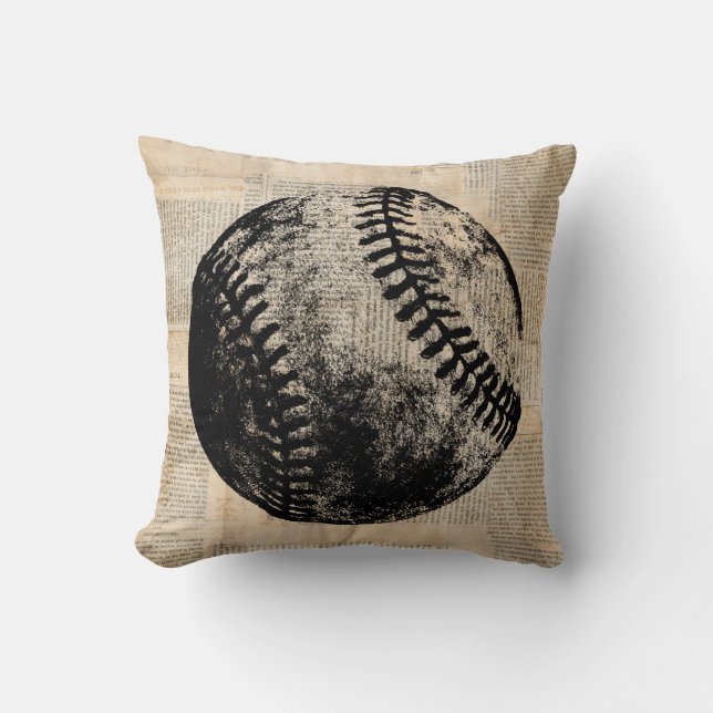 Vintage Baseball Art Illustration Newspaper Style Throw Pillow (Front)