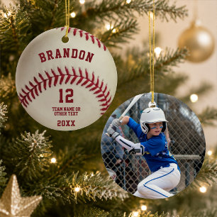 Vintage Baseball Ball Stitching Photo Personalized Ceramic Ornament