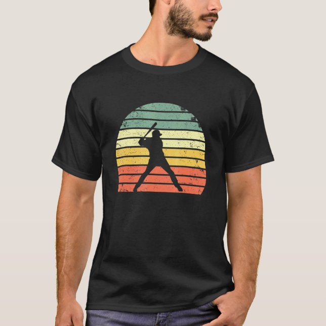 Vintage Baseball Batter Swinging Retro Sunset T-Shirt (Front)