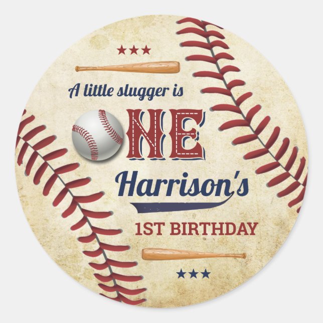 Vintage Baseball Boys 1st Birthday Classic Round Sticker (Front)