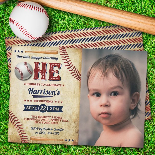 Vintage Baseball Boys 1st Birthday Photo Invitation (Creator Uploaded)