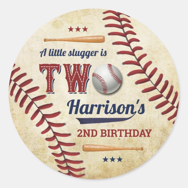 Vintage Baseball Boys 2nd Birthday Classic Round Sticker (Front)