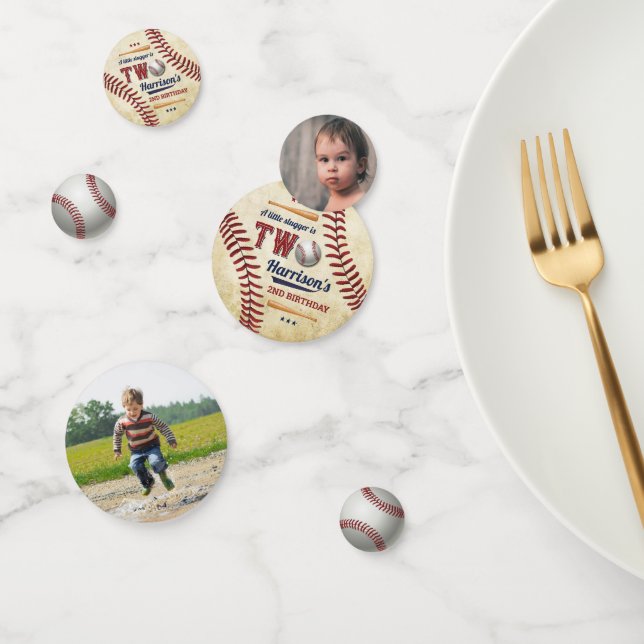 Vintage Baseball Boys 2nd Birthday Photo Confetti (Group)