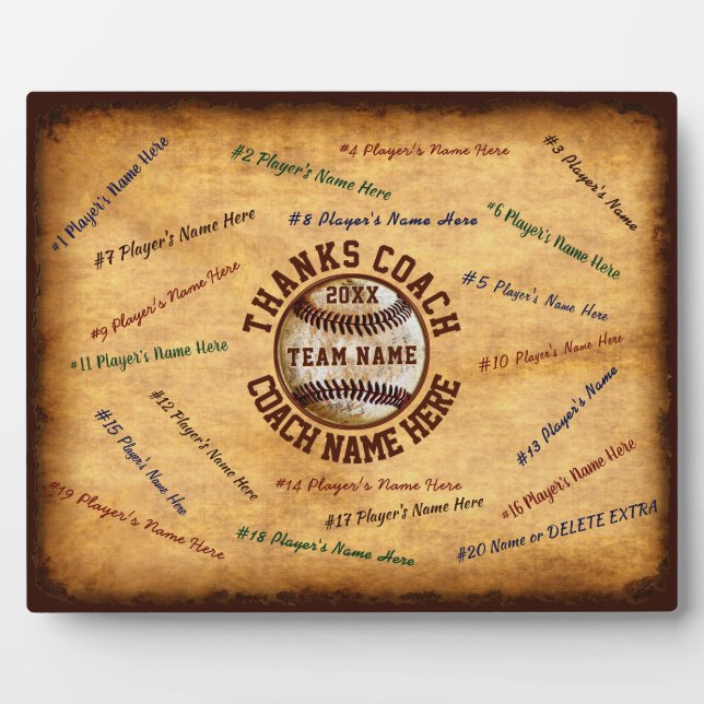 Vintage Baseball Coach Plaques, All Player's Names Plaque (Front)