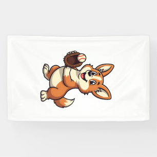 Vintage Baseball Corgi Dog Catcher Cartoon Vector Banner