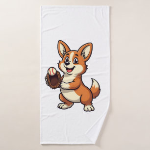Vintage Baseball Corgi Dog Catcher Cartoon Vector  Bath Towel