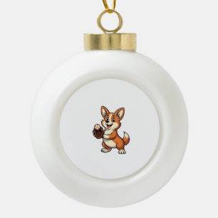 Vintage Baseball Corgi Dog Catcher Cartoon Vector Ceramic Ball Christmas Ornament