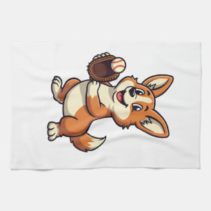 Vintage Baseball Corgi Dog Catcher Cartoon Vector  Kitchen Towel