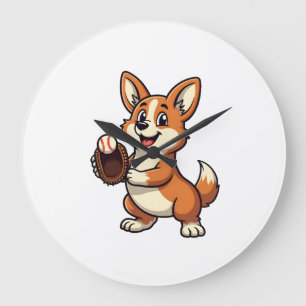 Vintage Baseball Corgi Dog Catcher Cartoon Vector Large Clock
