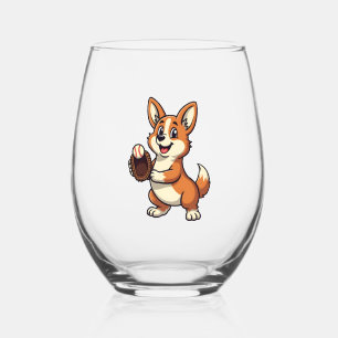Vintage Baseball Corgi Dog Catcher Cartoon Vector Stemless Wine Glass