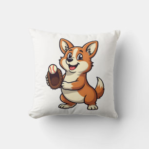 Vintage Baseball Corgi Dog Catcher Cartoon Vector Throw Pillow