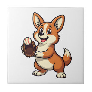 Vintage Baseball Corgi Dog Catcher Cartoon Vector Tile
