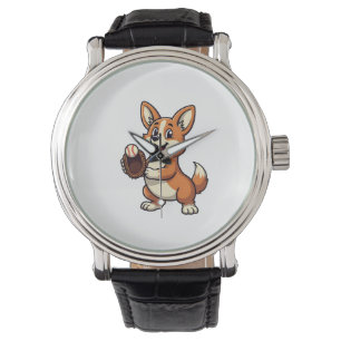 Vintage Baseball Corgi Dog Catcher Cartoon Vector Watch