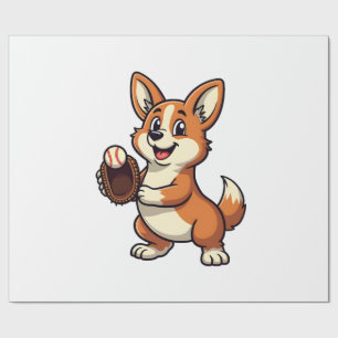 Vintage Baseball Corgi Dog Catcher Cartoon Vector Wrapping Paper