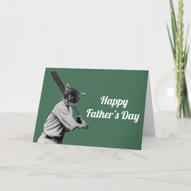 vintage baseball funny cat Fathers Day Holiday Card (Front)