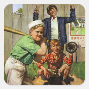 Vintage Baseball Game, Children Boys Sports Player Square Sticker