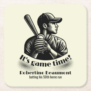 Vintage Baseball Player Men's 50th Birthday Square Paper Coaster